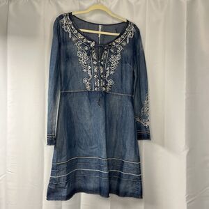 Monoreno Womens Small Blue Chambray Denim Embroidered Boho Bohemian Dress Tunic